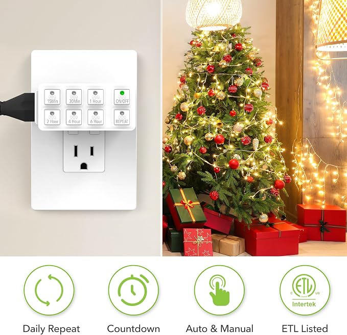 BN-LINK Indoor Countdown Timer with Repeat Function, Heavy Duty Accurate Compact Size for Charger Vacation Security, 3-Prong Grounded Outlet, 15A/1875W ½ HP ETL Listed