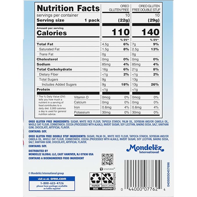 OREO Gluten Free Original & Double Stuf Chocolate Sandwich Cookies Variety Pack, Gluten Free Cookies, 20 Snack Packs (2 Cookies Per Pack)