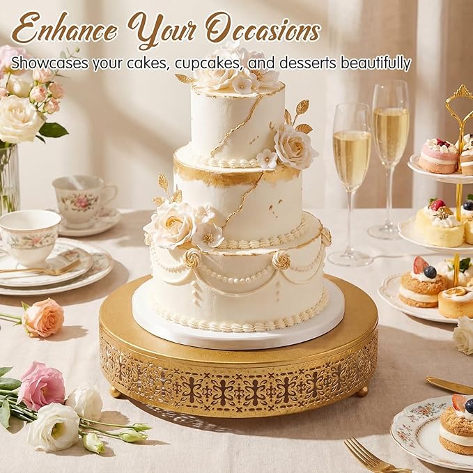 Wenqik Gold Cake Stand 12 Inch Metal Round Wedding Cake Stand with Cutting & Spatula Cupcake Dessert Cookies Display Holder Fruit Serving Tray for Wedding Birthday Anniversary Party