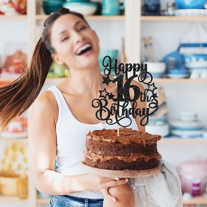 1 PCS Happy 16th Birthday Cake Topper Glitter Cheers to 16 Years Birthday Cake Pick Hello 16 Fabulous Cake Decoration for Happy 16th Birthday Anniversary Party Decorations Supplies Black
