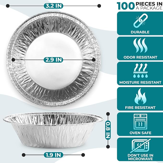 100 Pcs Disposable Egg Tart Tins - 3" Aluminum Mini Pie Tins, Durable Material, Easy to Use & Oven Safe, Moisture & Odor Resistant for Spring Holiday Baking & Pot Pies, Great Easter Gifts for Bakers