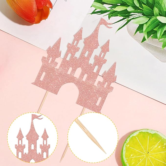 1 PCS Castle Cake Topper Glitter Queen Princess Castle Cake Pick Castle Theme Birthday Party Decoration for Princess Happy Birthday Girls Baby Shower Party Cake Decorations Supplies Rose Gold