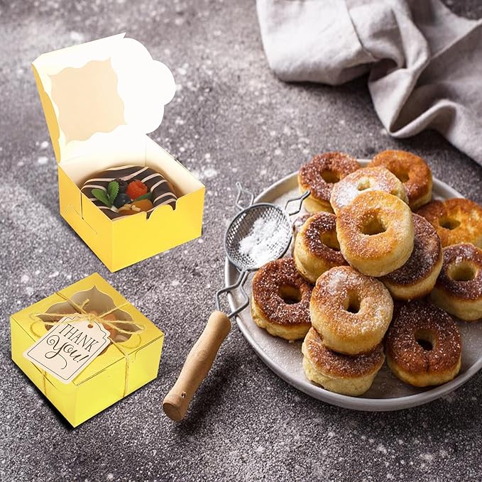 KPOSIYA 60 Pcs Gold Bakery Boxes with Window Individual Cupcake Boxes 4x4x2.5 Inches Cookie Boxes Kraft Paper Gold Gift Box for Pastries, Cookies, Pie, Donuts, Macaroon