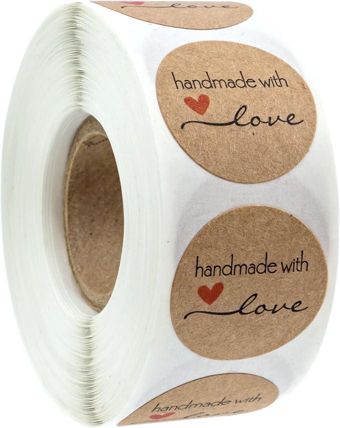 1" Small Round Brown Kraft Handmade with Love Stickers / 500 Small Business Craft Label Roll/Made in The USA