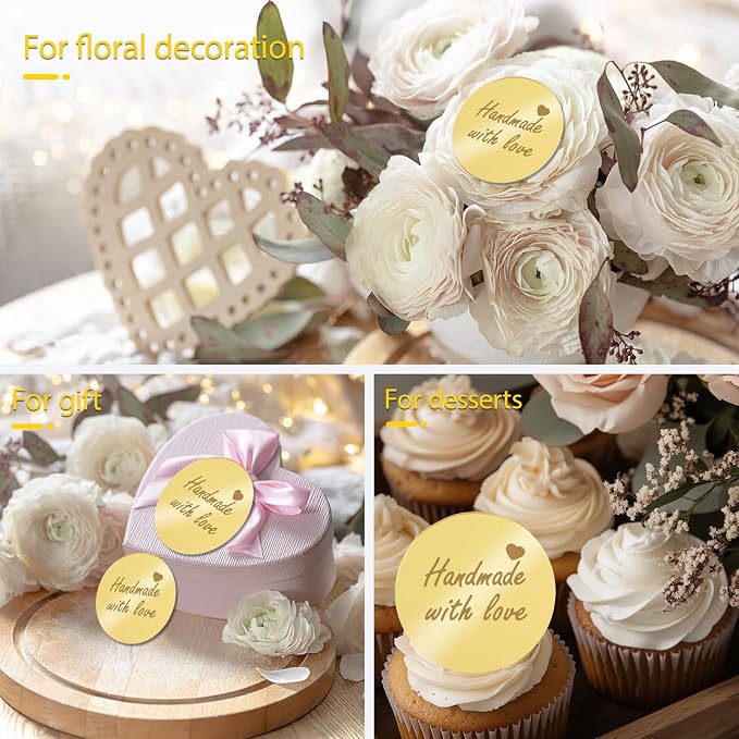 20Pcs Gold Handmade Cupcake Topper Acrylic Mirror Handmade Tags for Mother's Gift Gift Decorations Birthday Thanksgiving Party Favors Round Tags Decorations for Teacher Appreciation DIY Crafts