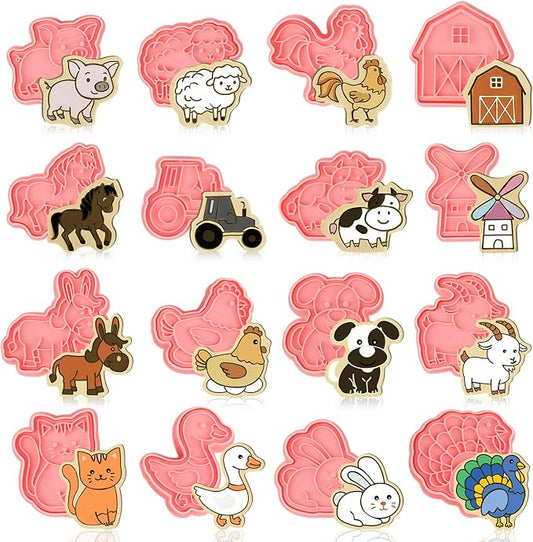 Jspupifip 16 Pack Farm Animal Cookie Cutters Set, 3D Cookie Plunger Stamps Cow Pig Chicken Sheep Animal Circus DIY Press Molds Funny Cartoon Farm Theme Party Baking Supplie Plastic Clay Biscuit Molds