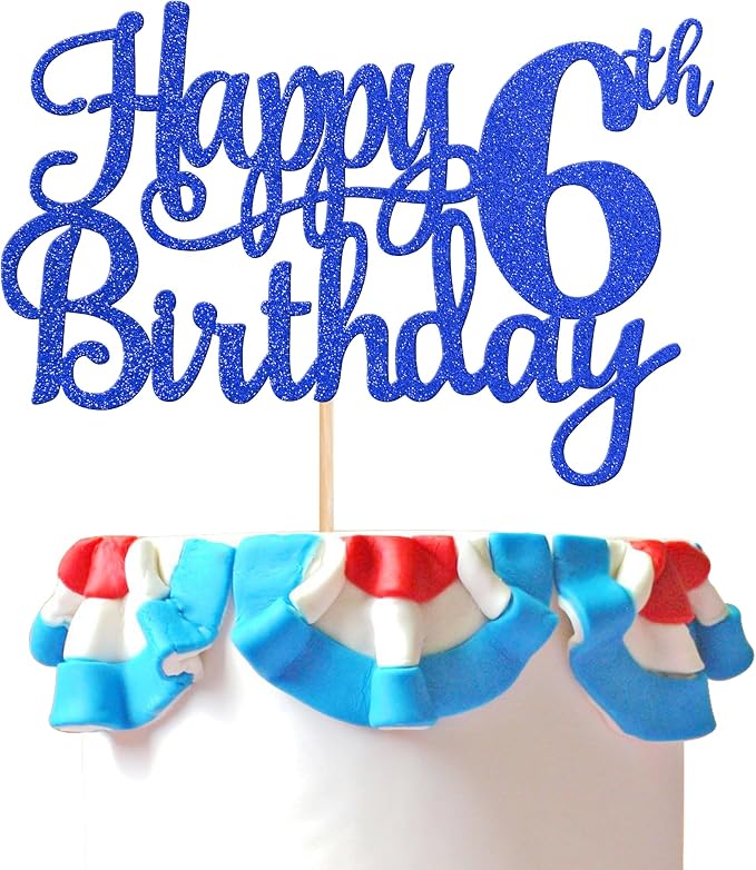 1 PCS Happy 6th Birthday Cake Topper - Glitter Cheers to 6 Years - Fabulous Cake Decoration for Blue Theme Party