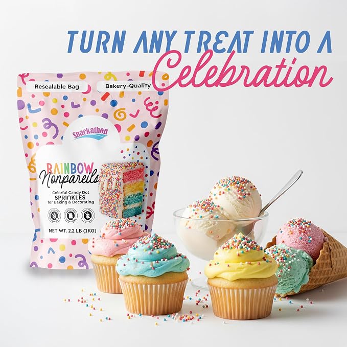 Snackathon Sprinkles for Baking & Decorating, Rainbow Nonpareils, 2.2 LB Bulk Resealable Bag – Colorful Candy Dot Toppings for Cupcakes, Birthday Cakes, Cookies, Ice Cream & Desserts