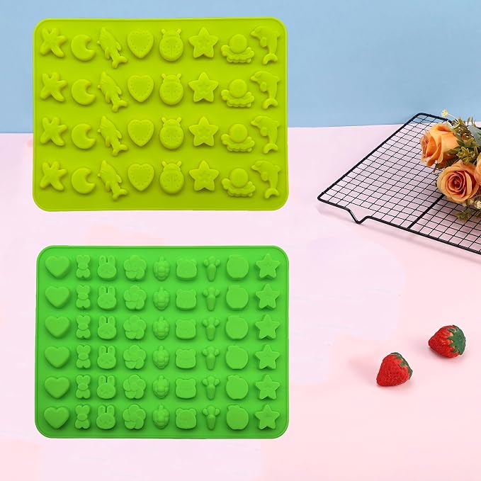 5Pcs Gummy Candy Molds - Silicone Gummy Dinosaur/Marine Animal/Donut/Small Hearts Shapes/Fruit Snack Mold with 2pcs Dropper,Non-stick and Bpa Free for Mini Candy Chocolate Gummies Baking