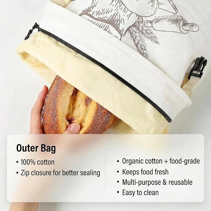 2-Pack Extra Large Beeswax Bread Bags with Zipper Seal – Reusable Bread Storage Bags, Eco-Friendly Natural Beeswax Lining, to Keep Homemade Bread Fresh for Sourdough & Artisan Loaves (White) | with Zipper