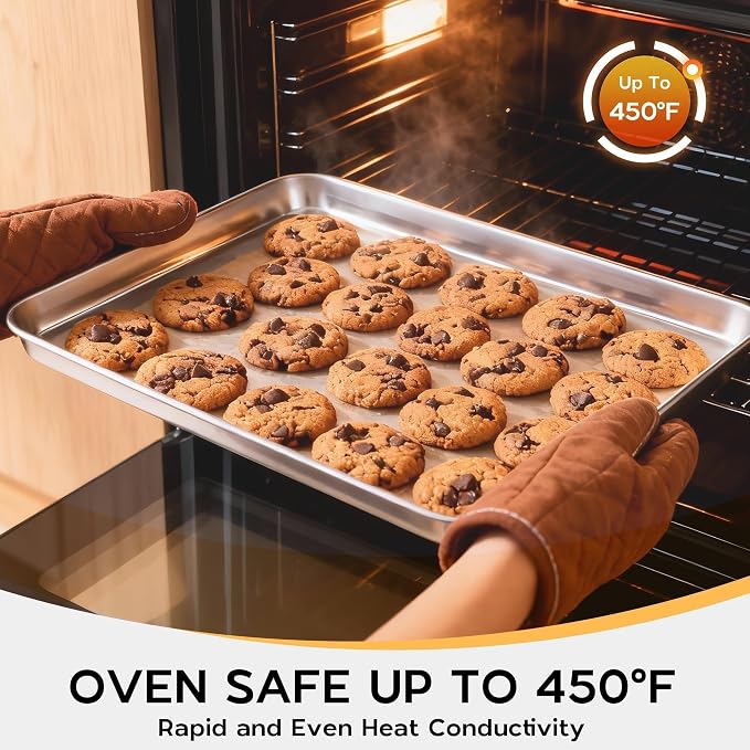 Onader Large Baking Sheet, 18 x 13 Inch Stainless Steel Half Sheet Shallow Baking Pans for Oven, Commercial Metal Cookie Pan Tray for Roasting Cooking, Mirror Finish & Dishwasher Safe, 2-Pack
