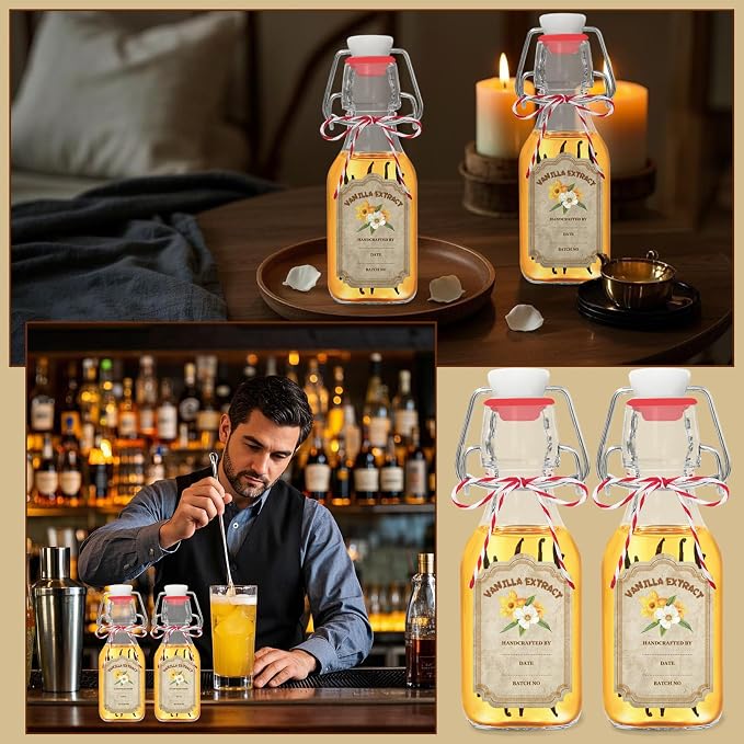 20 Pack Swing Top Glass Vanilla Extract Bottles 4 oz with Lids, Vanilla Extract Labels and Funnel, Glass Boston Vanilla Bottles for Syrup Gift, Flip Top Glass Bottles Jars for Vanilla Extract