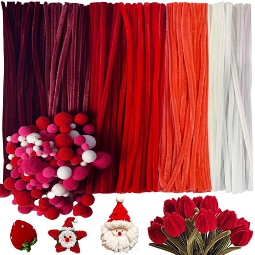 600pcs Red Pipe Cleaners Bulk and 300pcs Pompoms - Fluffy Fuzzy Wire, Pastel Pom Poms Chenille Stems for Arts & Crafts, Ideal for Making Flowers Animal Thanksgiving Christmas Party Supplies