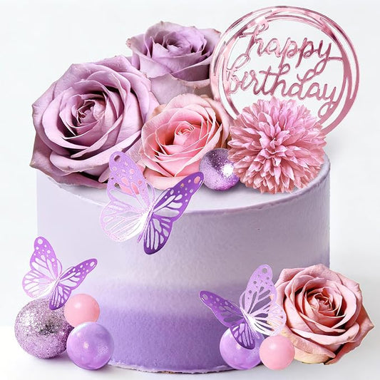 Flower Cake Toppers, Happy Birthday Rose Gold Cake Decorations with Artificial Flowers Butterfly Balls for Wedding Baby Shower Birthday Party Supplies (Purple)