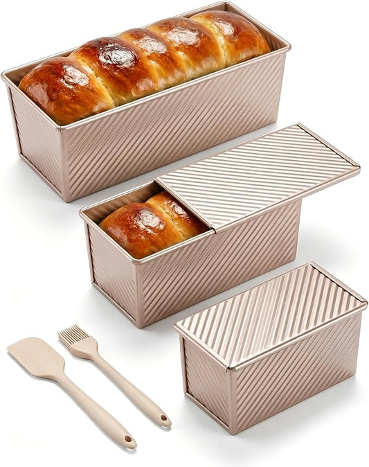 CARTMAN 3-Piece Pullman Loaf Pan with Lid Set – Non-Stick Carbon Steel Bread Pan with Bottom Vents – Includes Large (12"), Medium (8") & Mini (7") Sizes plus Silicone Tools – Champagne Gold