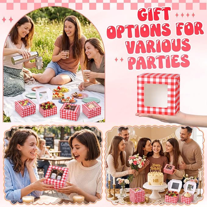 50 Pack Red Gingham Cookie Boxes with Window, Small Plaid Bakery Treat Boxes for Pastry Donuts Macaroon Cupcakes, Wedding Bridal Baby Shower Birthday Party Favors
