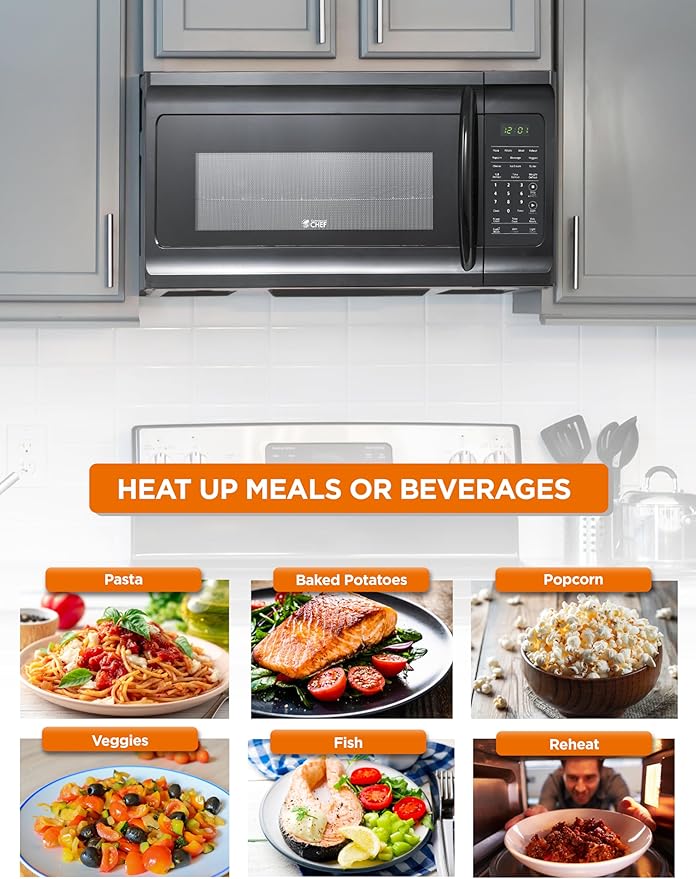 Commercial Chef 1.7 Cu. Ft. Over-The-Range Microwave Oven, 1000 Watt Microwave with 10 Power Levels, 300 CFM Hidden Vent Hood Fan, Touch Controls, LED Display, 10 Preset Options, CHMR17GB, Black