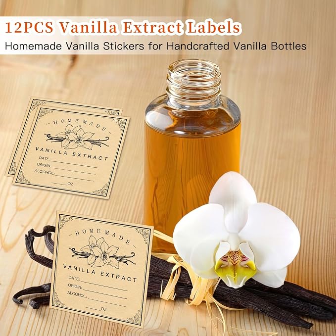 HVSWLY 12 PCS Vanilla Extract Labels,Vanilla Instruction Labels for Handcrafted Vanilla Bottles,2.5"×2.5",Minimalist Homemade Vanilla Extract Stickers