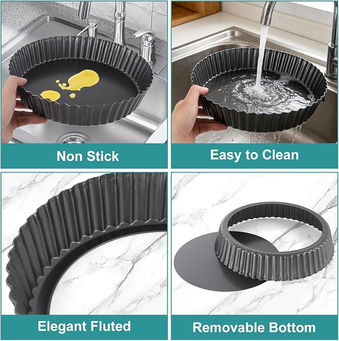 Acrux7 12 Inch Tart Pan with Removable Bottom, Nonstick Pie Pan Set of 4 | 2 Inch Deep Loose Bottom Carbon Steel Fluted Quiche Baking Dish for Fruit Tart, Flan, Pizza, Cheesecake, Dark Gray
