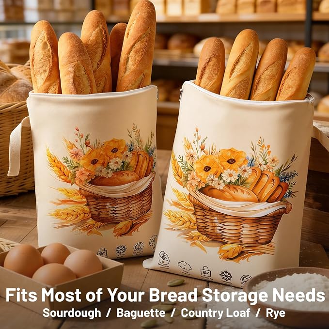 Reusable Bread Bags for Homemade Bread 2 Pack, L-shaped Zipper Beeswax Bread Bag for Easy Access, Keeps Bread Fresh Longer, Freezer Safe Breathable Cotton Beeswax Bread Bags for Sourdough