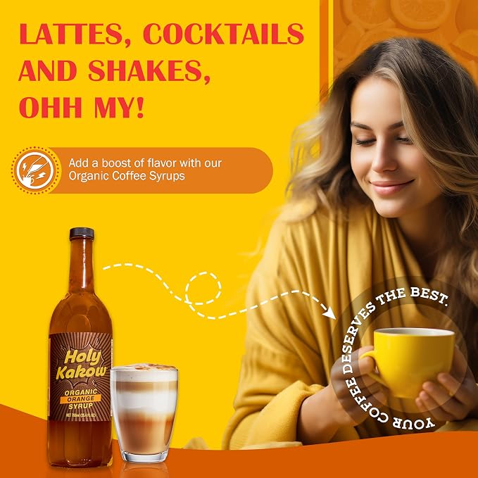 Holy Kakow Cafe Organic Orange Syrup - Orange Syrup, Coffee Syrup, Organic Syrup For Coffee, Syrup For Coffee, Add To Latte, Cocktail And Shake, Real Food Ingredients, Specific Flavor - 750Ml