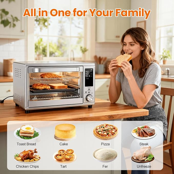 OLIXIS Toaster Oven Countertop, 29.6QT Air Fryer Toaster Oven Combo, 12-in-1 with Smart Probe, Broil, Bake, Toast & Specialized Presets, Temp Up to 450°F, 6 Accessories Included, Stainless Steel