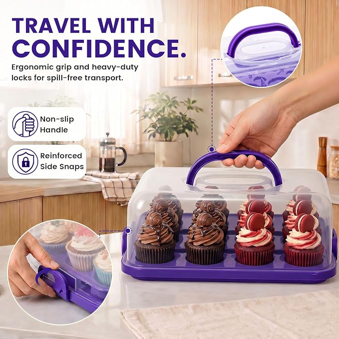 VGOODALL Cupcake Carrier, Rectangle Cake Plate with Lid, 12 Capacity Cup Cake Portable Container Dessert Holder with Handle for Family Picnics and Party Events, 2-in-1 Design, Purple