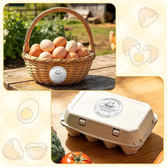 PANTIDE Farm Fresh Eggs Carton Labels Stickers - 500 Count Unwashed Eggs Packaging Adhesive Round Decal Roll, Market Egg Handling Sticker Collected Date for Chicken Quail Duck (2 x 2 Inch, White)