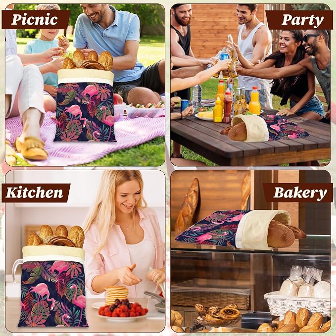 Beeswax Bread Bags, 2 Pack for Homemade Bread and Sourdough Storage | Pink Flamingo Tropical, Reusable Polyester Bread Storage With Beeswax Coating And Snap Closures