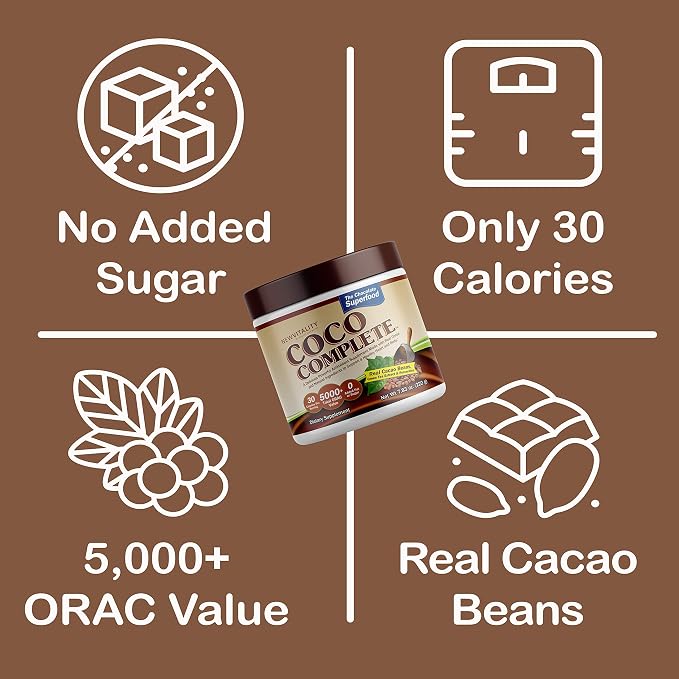 Coco Complete by New Vitality – Immune System and Boosting Superfood Powder Supplement, Energy Support, Sugar Free, Real Cocoa Powder & Green Tea Extract, Chocolate Flavor, 30 Servings