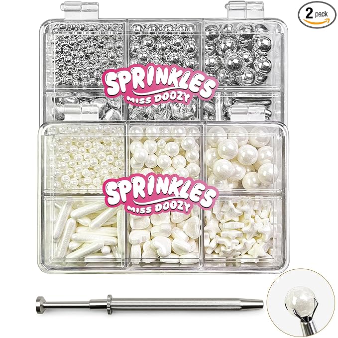 White Sprinkles and Sliver Sprinkles 2 Pack with 4-Claw Pick up Tool, 13oz Pearl Sprinkles Mix Size for Baking, Cupcake, Cookie, Cake Decorating