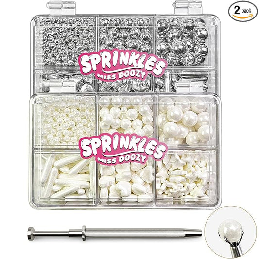 White Sprinkles and Sliver Sprinkles 2 Pack with 4-Claw Pick up Tool, 13oz Pearl Sprinkles Mix Size for Baking, Cupcake, Cookie, Cake Decorating