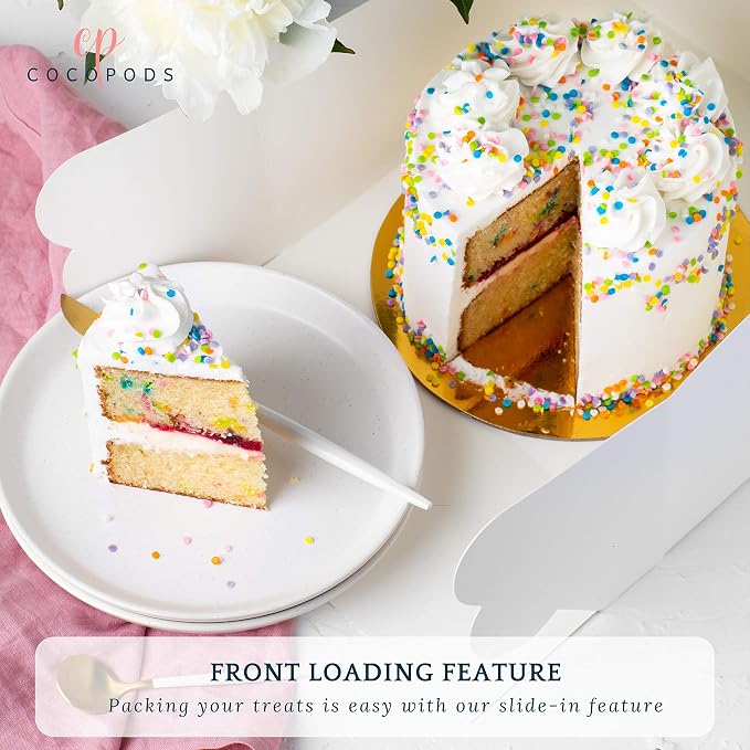25 Pack Auto Pop-Up Cake Boxes with Viewing Window & 50 Stickers - This White 10x10x5 Bakery Boxes Container is Suitable For Cakes, Cupcakes, And Cookies - Dessert Boxes with Clear Display