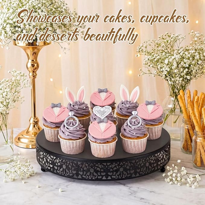 Wenqik 14 Inch Black Cake Stand Set Metal Round Cupcake Dessert Stand with Cake Cutting, Spatula Wedding Cupcake Pastry Display Candy Holder Display for Wedding Party Birthday Baby Shower(Classic)