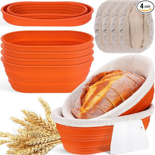 Nuogo 4 Pack Oval Bread Proofing Basket Silicone 10 Inch Collapsible Sourdough Bread Baking Supplies Dough Proofing Bowl with 4 Pcs Dough Scraper and 4 Pcs Basket Covers(Orange)
