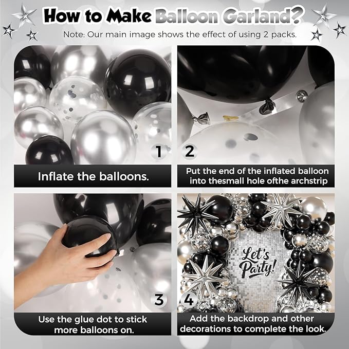 153Pcs Black and Silver Balloons Garland Arch Kit with Stars - 22 18 12 10 5 inch Different Size Black Metallic Silver Confetti Latex Balloon for Birthday Graduation New Year Party Decorations