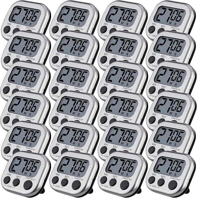 Leumoi 24 Pcs Digital Kitchen Timers Magnetic Back Timers Bulk Large Screen Loud Alarm On/Off Switch Minute Second Count up Countdown Memory Setting for Cooking Classroom Exercise (Sliver and Black)