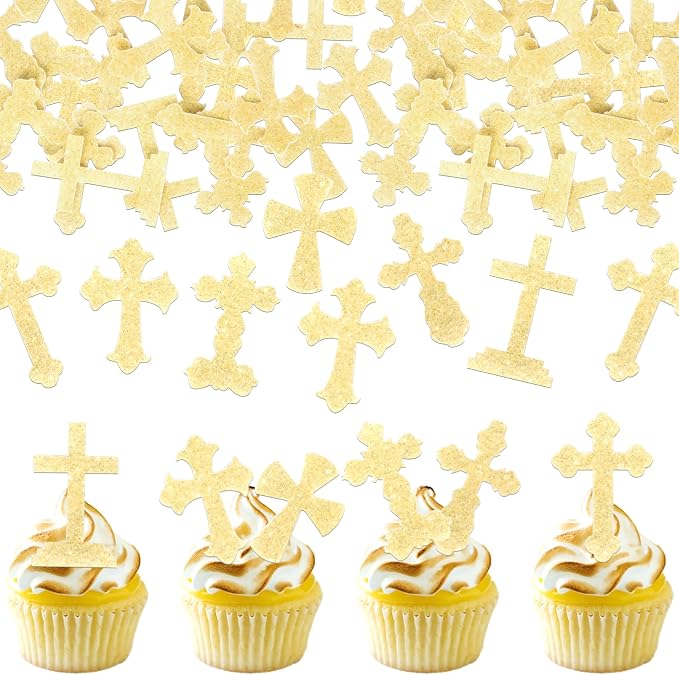 60 PCS Edible Cross Cupcake Toppers Wafer Paper God Bless and Baptism Cupcake Picks Edible Christian Baptism Cross Cake Decorations for Religious Theme Baby Shower Birthday Party Supplies Gold