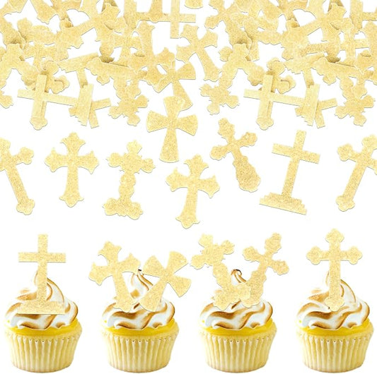 60 PCS Edible Cross Cupcake Toppers Wafer Paper God Bless and Baptism Cupcake Picks Edible Christian Baptism Cross Cake Decorations for Religious Theme Baby Shower Birthday Party Supplies Gold