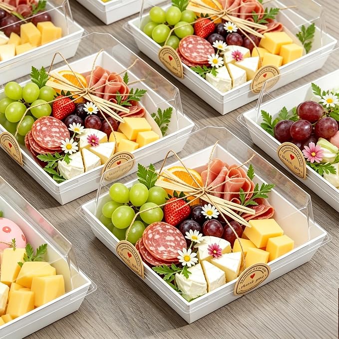 50Pcs Small Charcuterie Boxes with Clear Lids 5x5 Inch | Disposable Dessert Containers with Lids,White,Oil-Proof,Leak-proof,with Strings,100 Stickers&Forks,for Cookie Sandwich Party