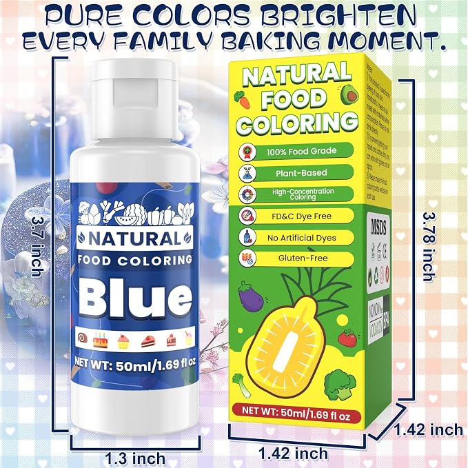Blue Natural Food Coloring - 50ml Plant Based Food Dye, No FD&C & Artificial Dyes, Gluten-Free, Food-Grade, Vibrant Liquid Colors for Icing, Baking, Cake Decorating, Frosting, Fondant, Slime - 1.69 Fl.Oz Bottles