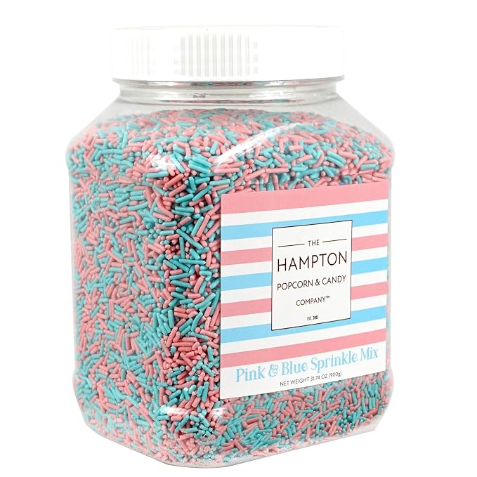 Blue & Pink Sprinkles Jimmies 1.98 Pounds Container, Gender Reveal Candy, Pink and Blue Candy, Sprinkles For Cake Decorating, Cake Sprinkles, Sprinkles For Baking, Ice Cream & More, The Hampton Candy Company