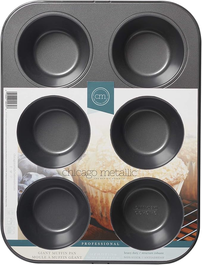 Chicago Metallic Professional 6-Cup Non-Stick Muffin Pan, Make up to 6 large muffins, cupcakes, quiches, egg cups, and more,14-Inch-by-10.25-Inch