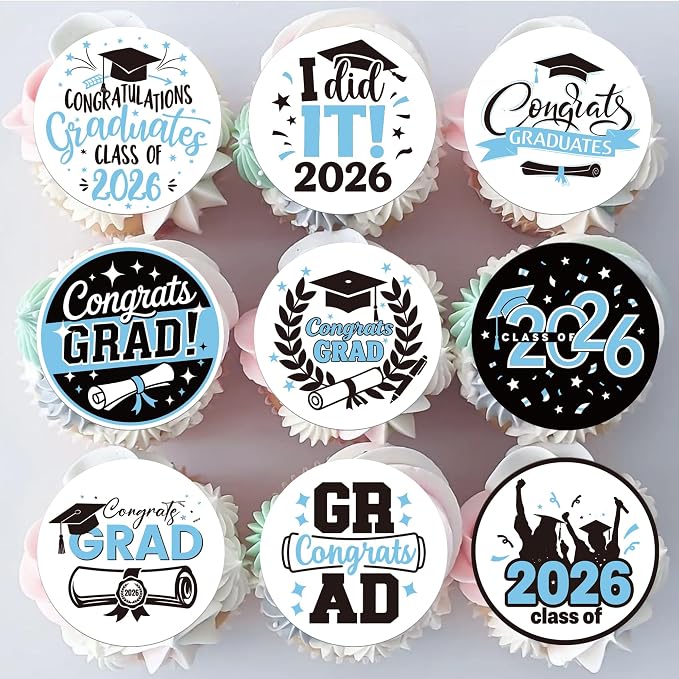 63 PCS Edible 2026 Graduation Cupcake Toppers Congrats Grad Class of 2026 Cake Decorations Edible Diploma 2026 Grad Cap Cupcake Picks for 2026 Graduation Party Cake Decorations Supplies Light Blue
