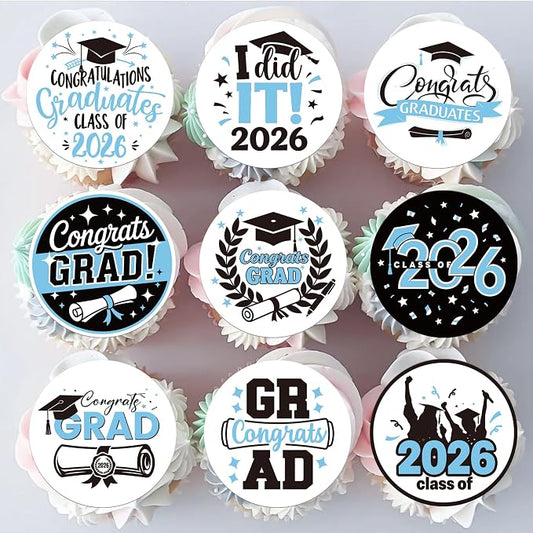 63 PCS Edible 2026 Graduation Cupcake Toppers Congrats Grad Class of 2026 Cake Decorations Edible Diploma 2026 Grad Cap Cupcake Picks for 2026 Graduation Party Cake Decorations Supplies Light Blue