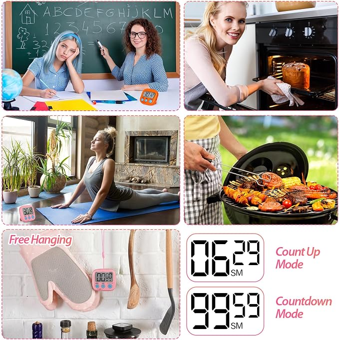 Weewooday 24 Pcs Small Digital Kitchen Timer Magnetic Back and Switch Minute Second Count up Countdown Big LCD Display Loud Alarm for Teacher Cooking Baking (Pink,Orange)