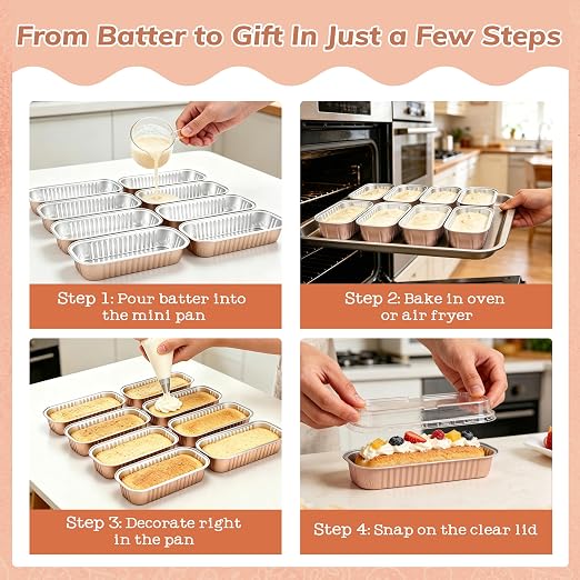 NPLUX 50 PACK Mini Cake Pans with Lids and Spoons, Rectangular Aluminum Foil Bread Pan, Mini Loaf Pans and Food Containers with Lids for Graduation Gifts Party Favors(Champagne, 6.8oz)