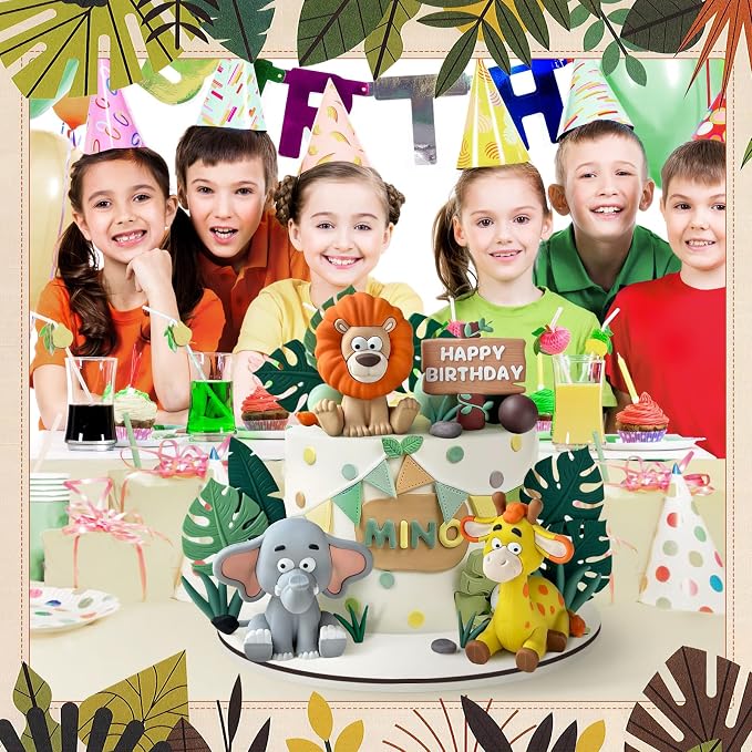23pcs Safari Animal Cake Topper, Jungle Wild Cake Toppers with Leaves Balls Cake Decorations for Safari Animals Themed Birthday Party Decorations (Jungle Wild Animal Style)