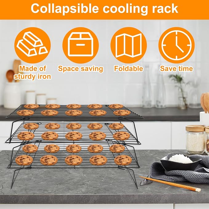 3-Tier Stackable Cooling Racks for Cooking and Baking,13.4”x 9.4”Collapsible Baking Cooling Rack,Non-Stick Cookie Cooling Rack,Space Saving Cooling Rack for Cookies Cupcakes Pies Baking