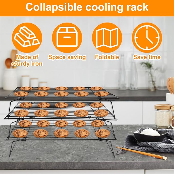 3-Tier Stackable Cooling Rack 13.4x9.4 Collapsible Baking Rack with Non-Stick Coating, Rustproof Heavy Duty Iron Wire Racks for Cooling, Baking, Grilling, Oven & Dishwasher Safe